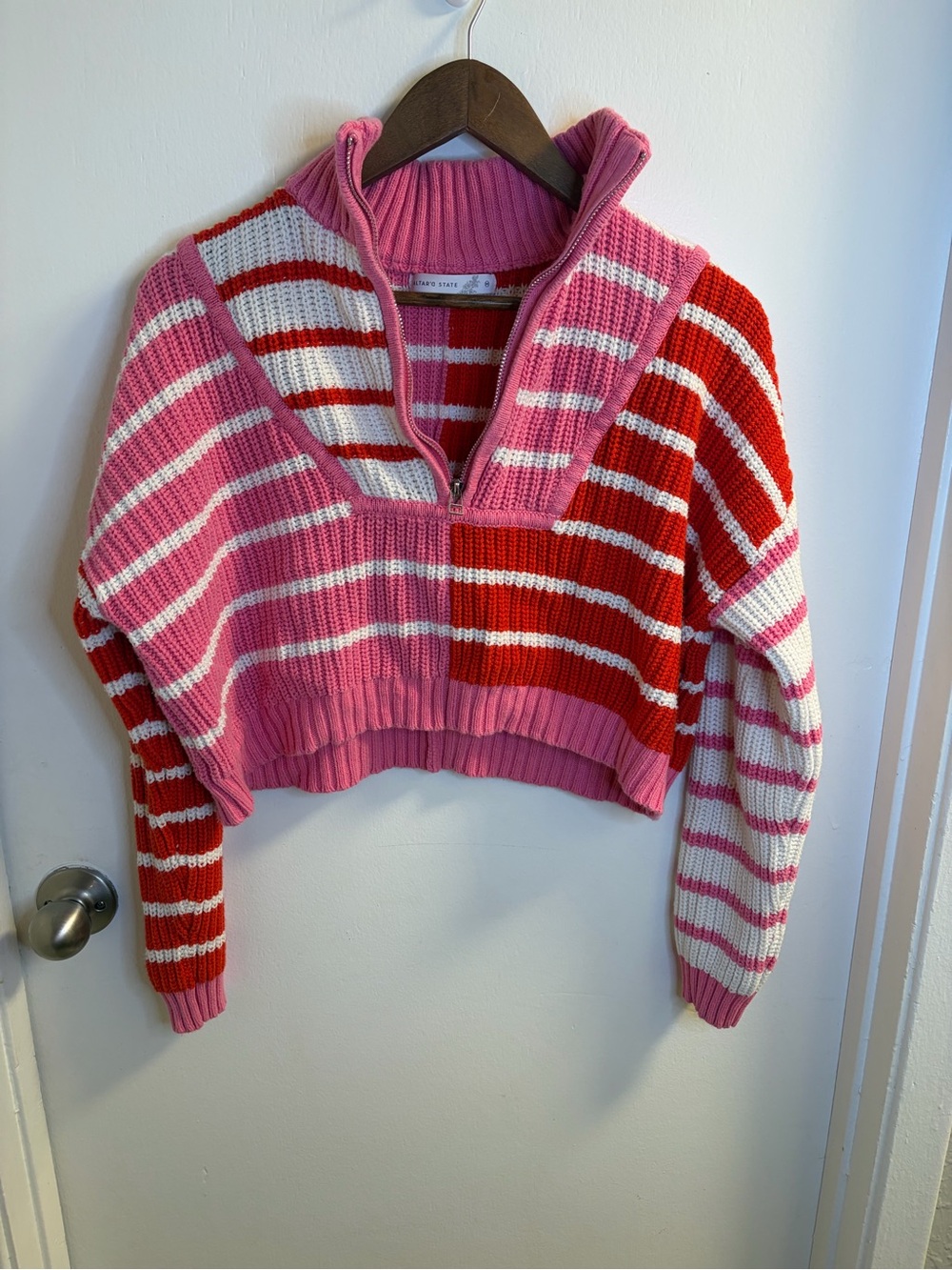 Altar’d State Pink Red Striped Quarter Zip Sweater M Cropped Colorblock Knit - Picture 2 of 15